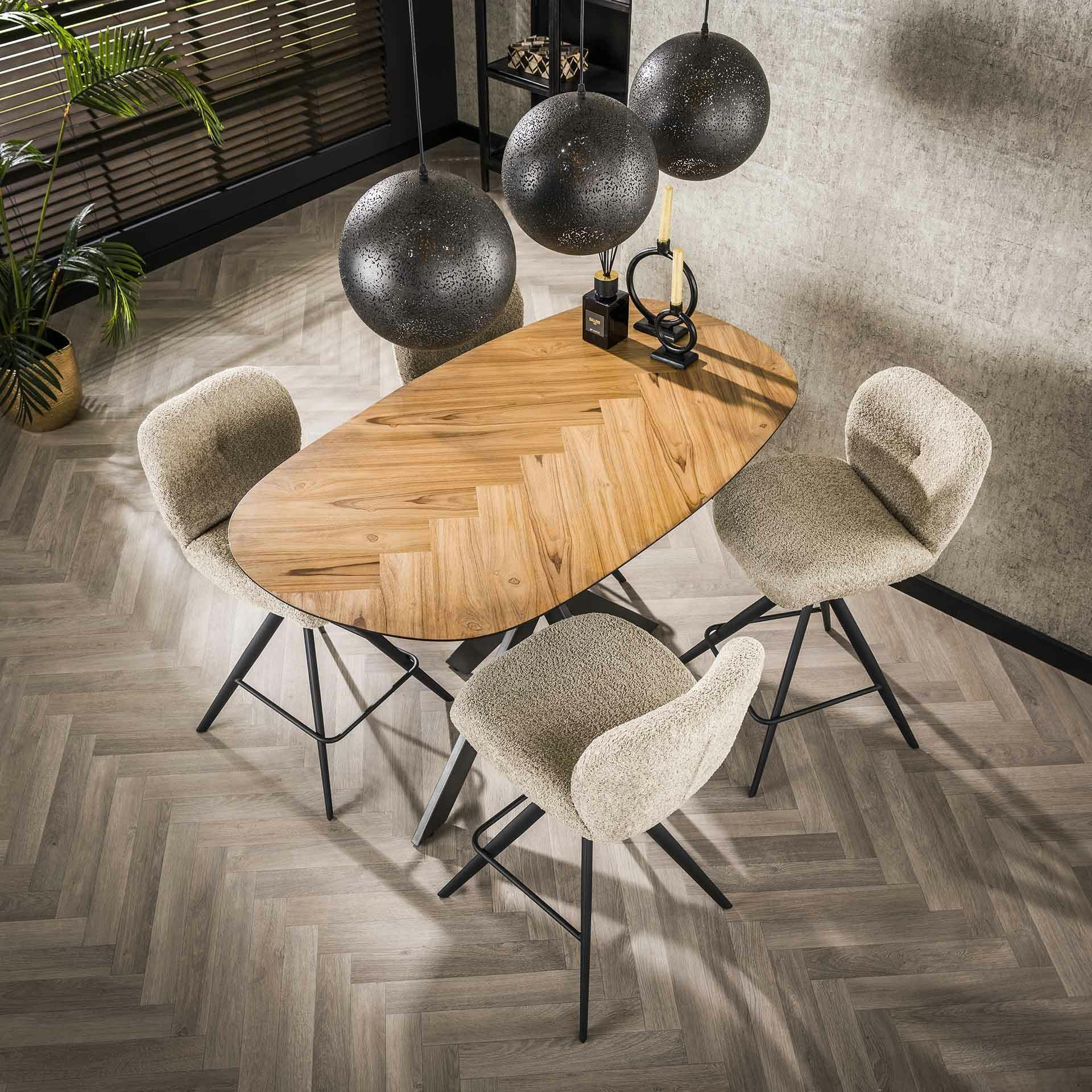 Table bar teck bords arrondis motif chevron 140 cm MAYA