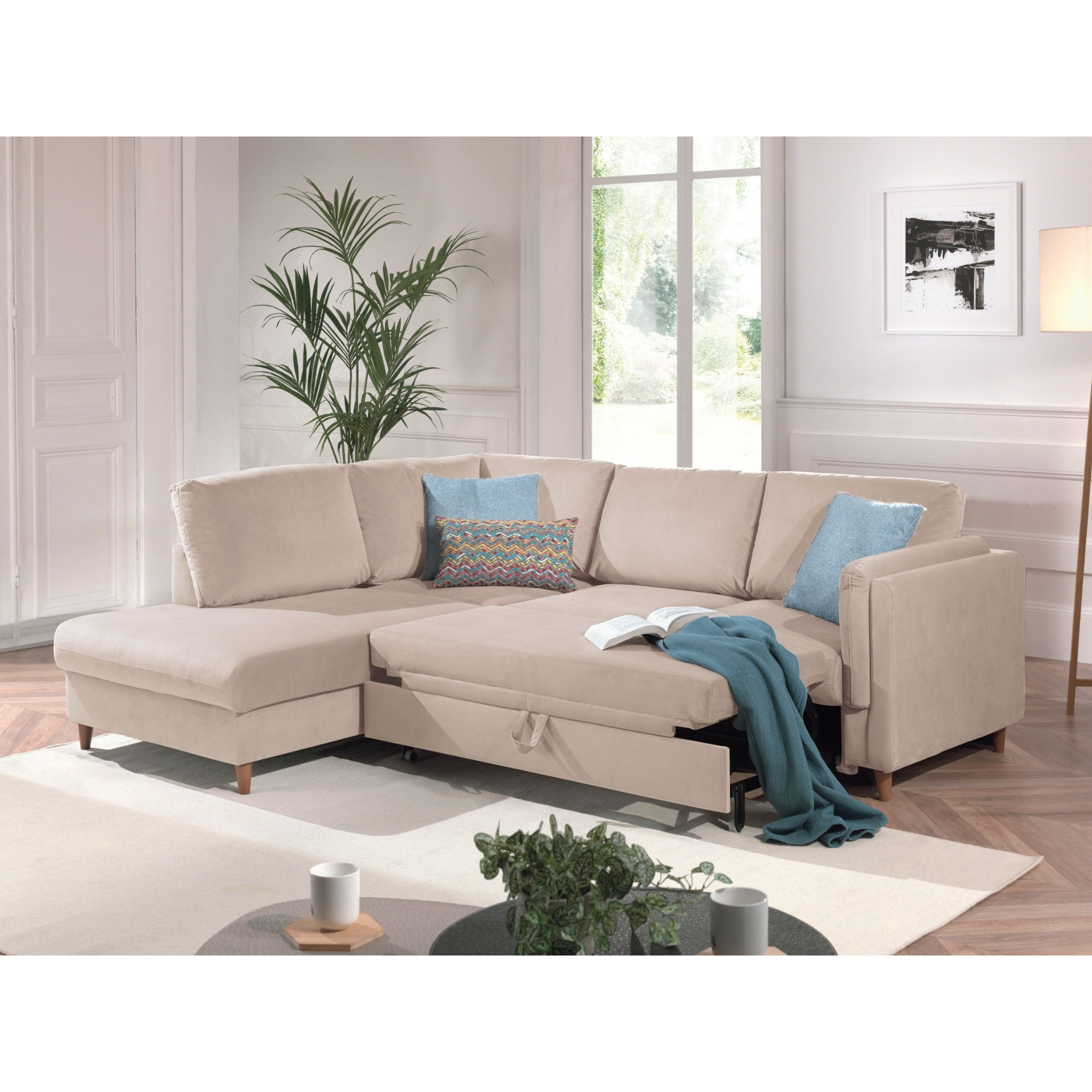 Brooke - canapé d'angle gauche - convertible - 5 places - en velours - Beige