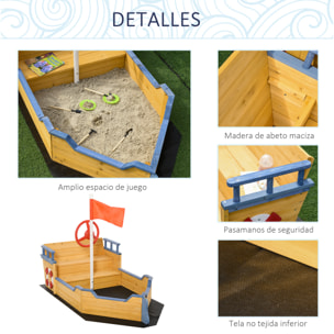 Arenero Infantil de Madera Diseño de Galeón con 2 Escalones Banco con Almacenaje Bandera y Timón Cajón de Arena de Jardín para Niños de +3 Años 158x78x45,5 cm Natural