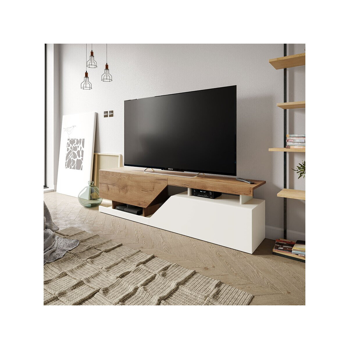 Meuble TV "Ceelias" - 160 x 46 x 35 cm - Blanc/Marron Foncé