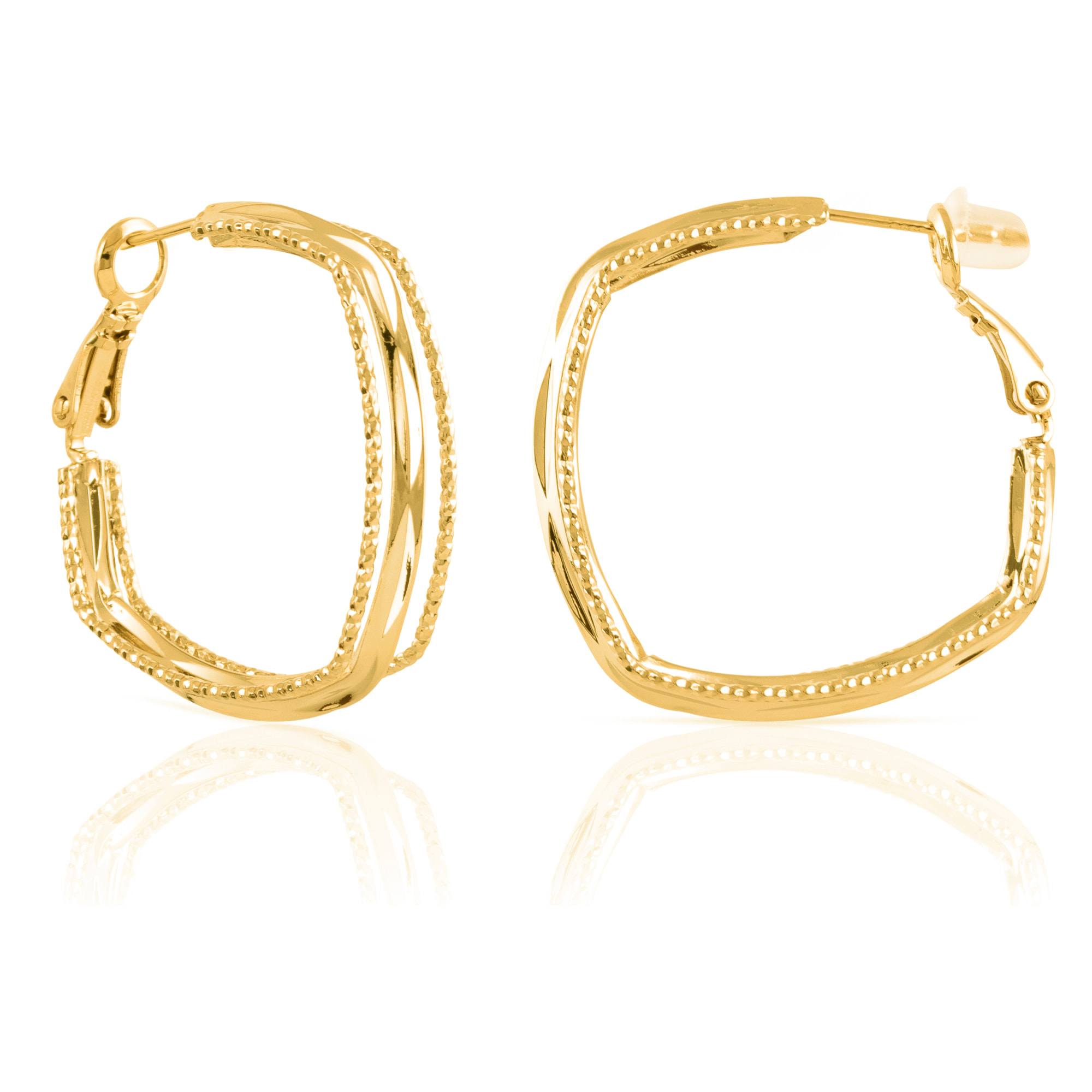 Pendientes de aro con diseño geométrico de cobre con recubrimiento electroplateado dorado brillante, 30 mm, con cierre catalán en plata de ley 925.