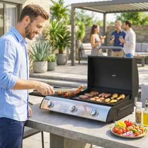 Barbecue à gaz de table combiné gril et plancha avec couvercle et thermomètre