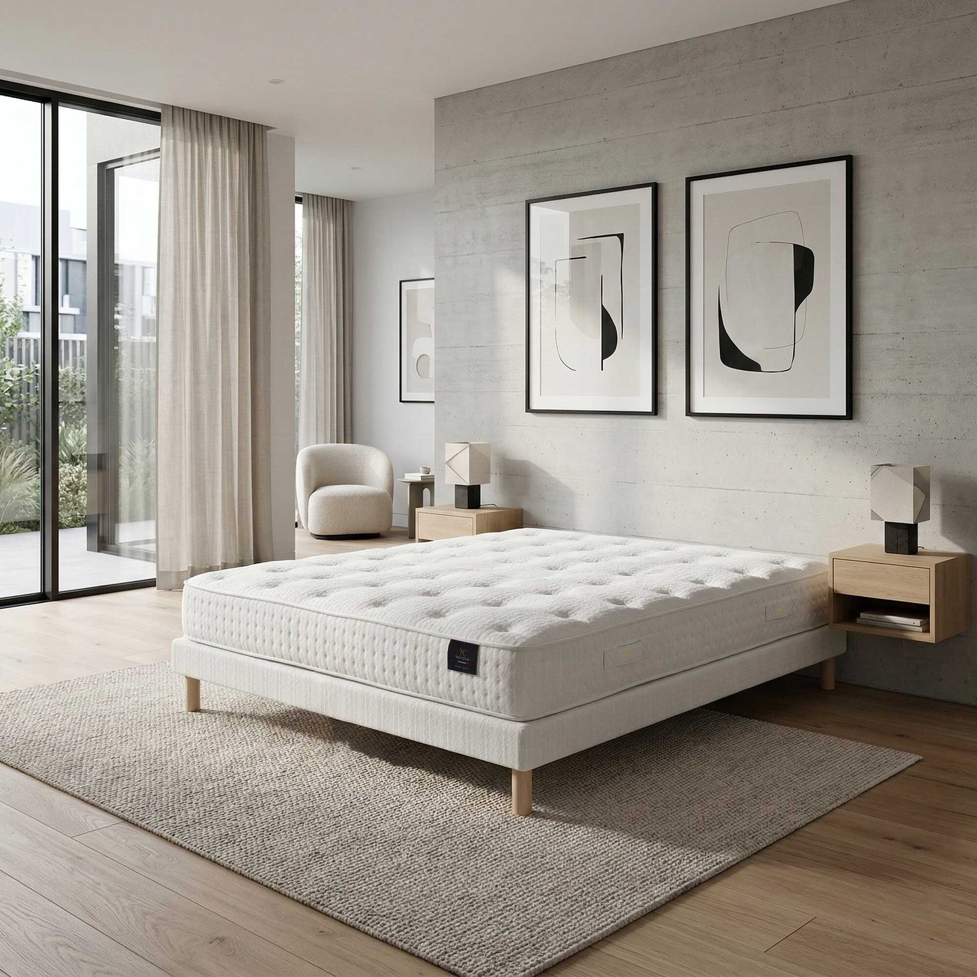 Ensemble matelas ressorts ensachés HÉCATE 2, H26 cm, sommier blanc pieds de poules