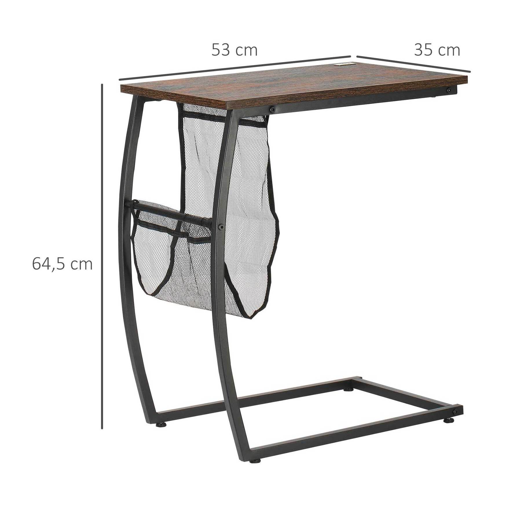 HOMCOM Mesa Auxiliar para Sofá y Cama en Forma de C con Bolsillo de Almacenaje Mesa Lateral de Estilo Industrial para Salón 53x35x64,5 cm Marrón Rústico