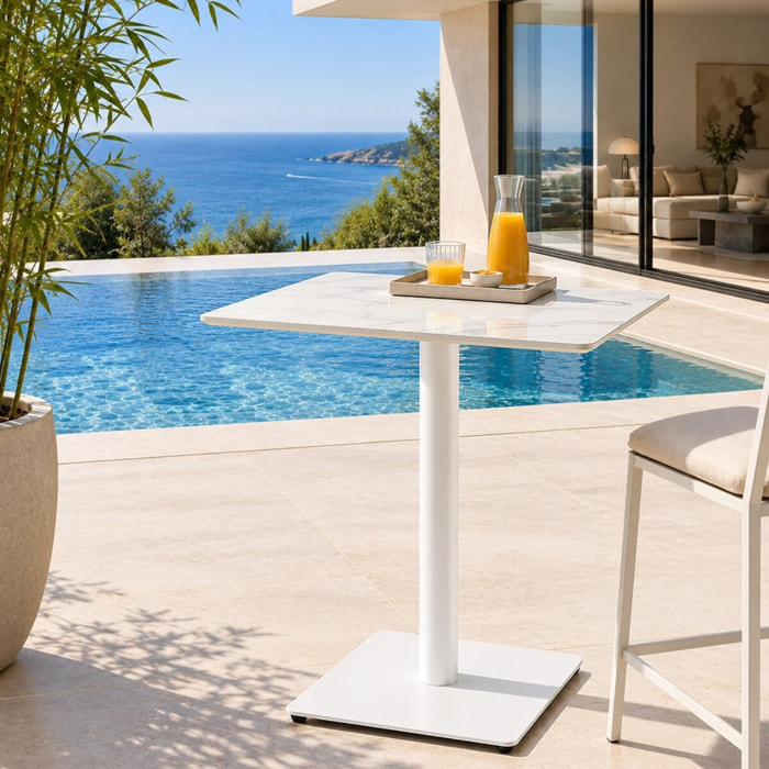 ICARE - Ensemble n°3: table bistrot 70x70cm en céramique marbré blanc
