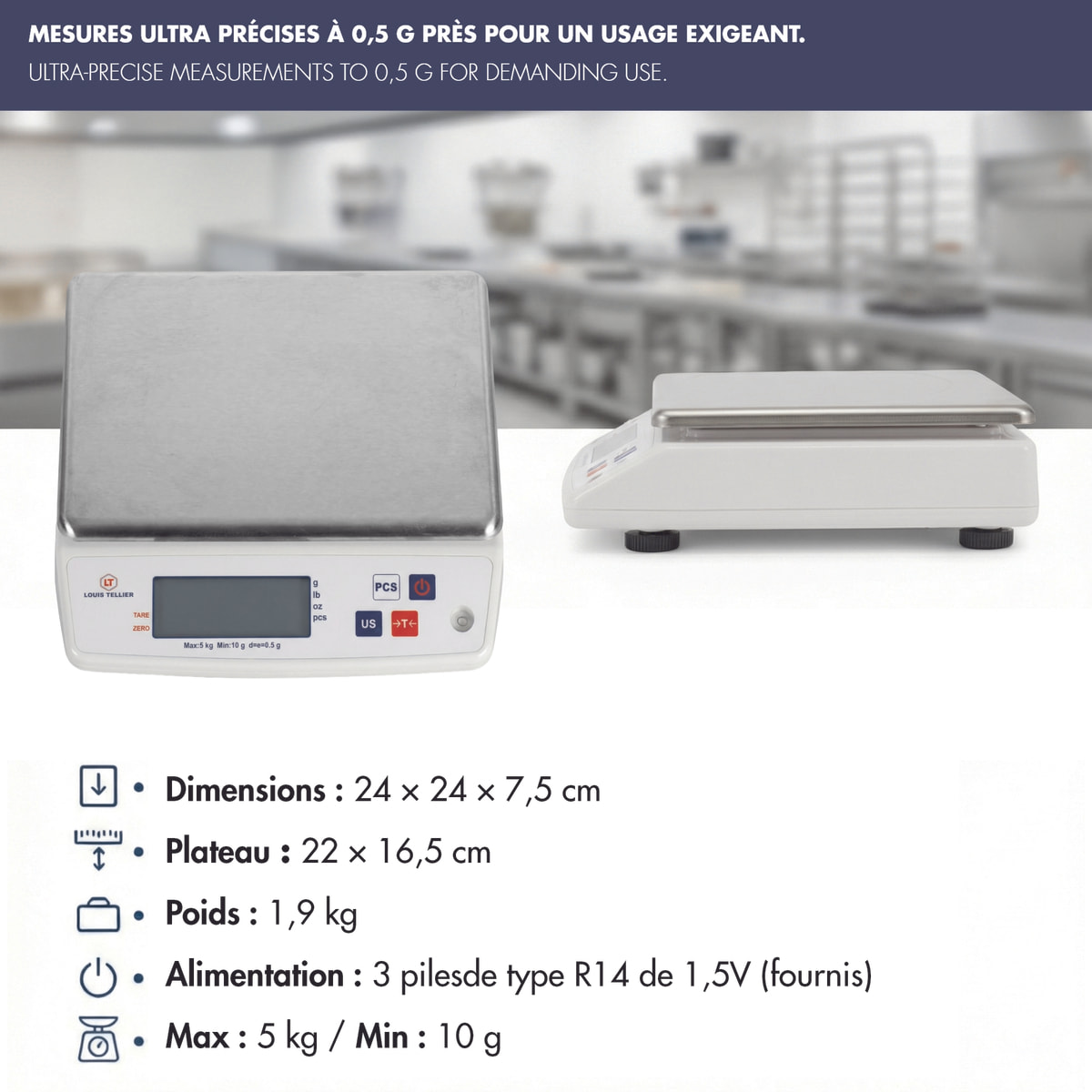 Balance électronique professionnelle - 5kg - IP53 - précision 0,5g - plateau amovible 22 x 16,5 cm
