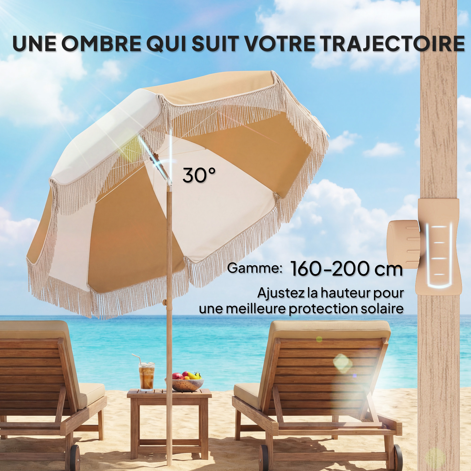 Parasol de plage inclinable à franges dia. 1,7 m beige blanc