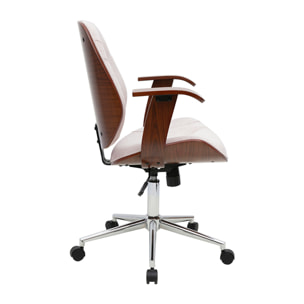 Chaise de bureau à roulettes design en tissu effet velours texturé beige, bois foncé et acier chromé YORKE