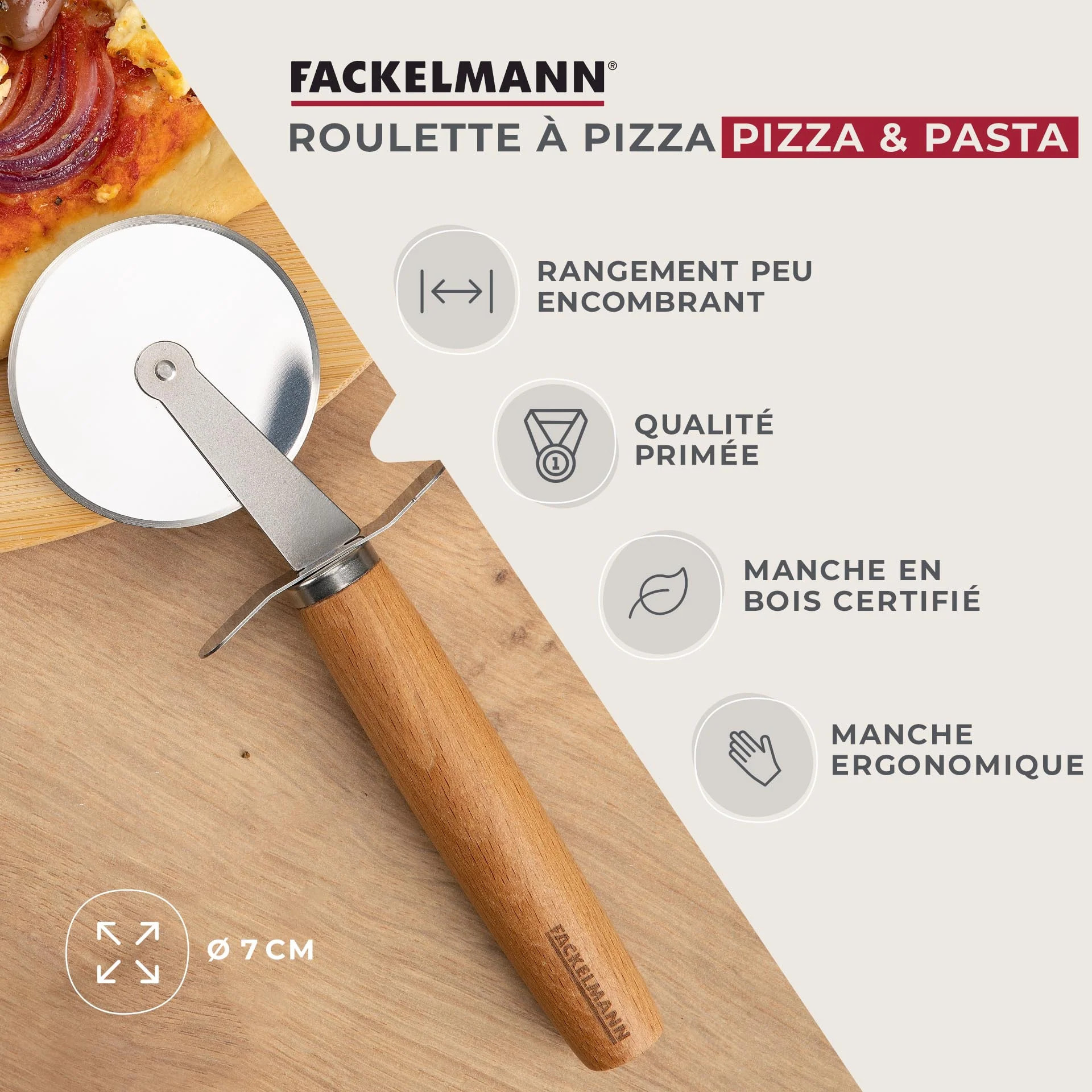 Roulette à pizza manche en bois 31 cm Fackelmann Pizza & Pasta