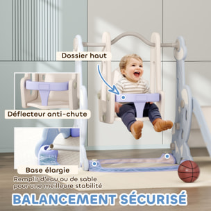 Toboggan balançoire panier basket enfant 3 en 1 design fusée HDPE blanc bleu