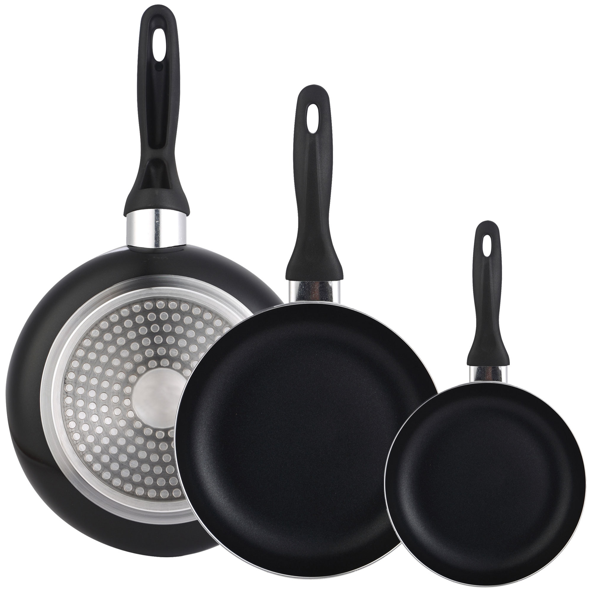 set de batería de cocina de 8pc en acero inoxidable + 3 sartenes ø16ø20ø24cm negro en aluminio prensado