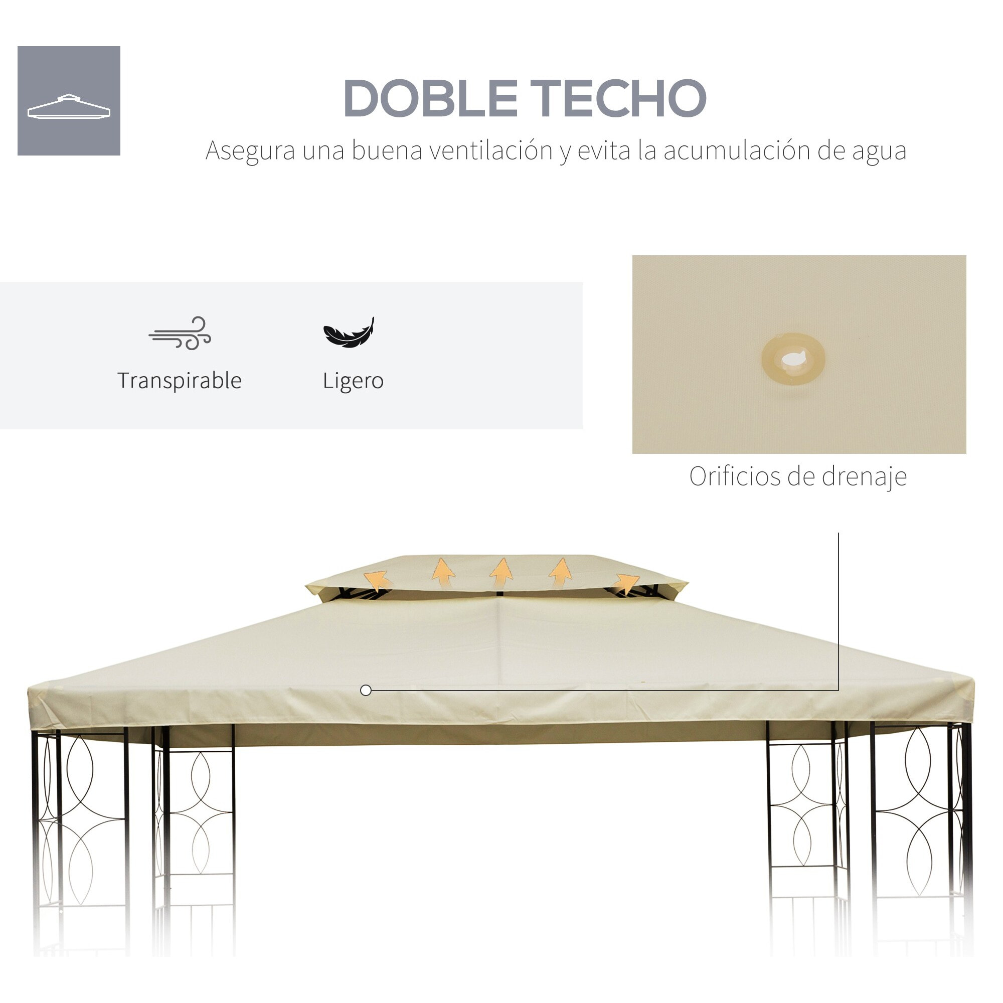 Conjunto de Cenador Incluye 1 Cenador de Jardín 4x3 m con 4 Cortinas Laterales 4 Mosquiteras y 1 Techo de Repuesto 4x3 m para Fiestas Eventos Exterior Gris y Crema