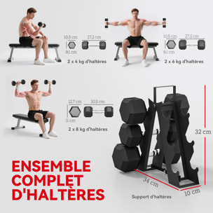 Ensemble d'haltères avec support 2 x 4 Kg/6 Kg/8 Kg noir