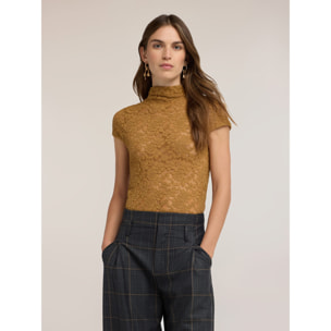 Motivi - T-shirt in pizzo con collo alto e orlo smerlato - Giallo