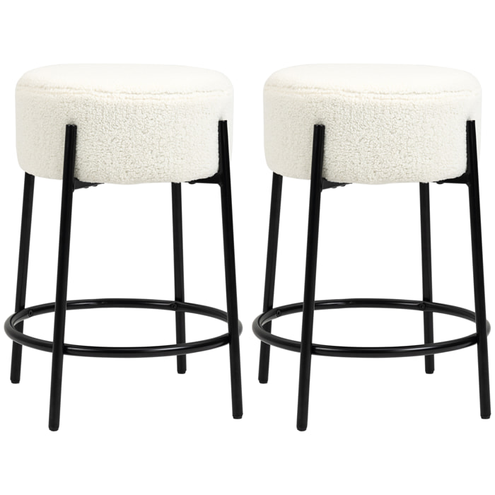 Lot de 2 tabourets de bar design - repose-pied - acier noir revêtement effet laine bouclée blanc