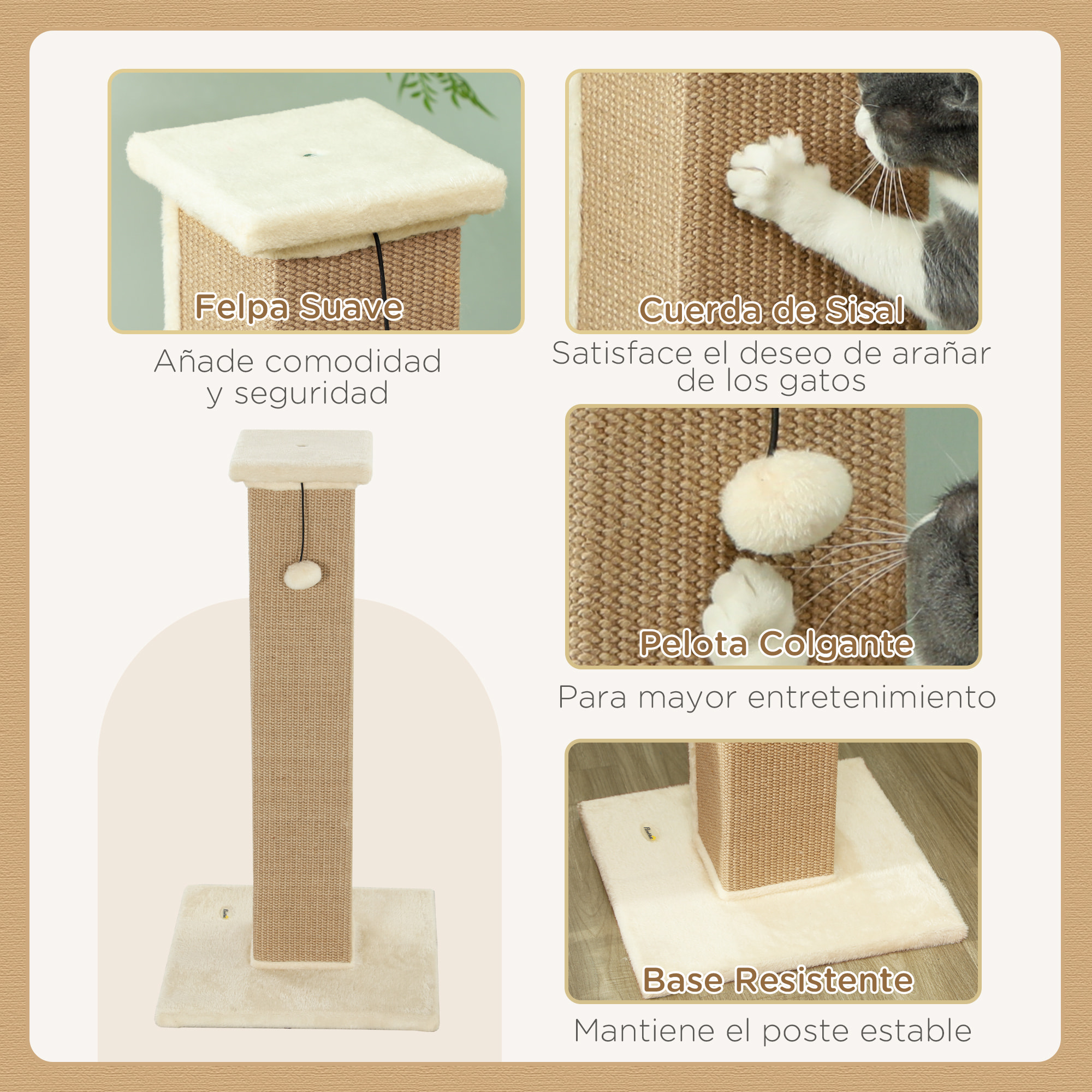 Poste Rascador para Gatos Altura 81 cm Rascador para Gatos Arañador para Gatos con Poste de Yute y Bola Colgante 41x41x81 cm Beige