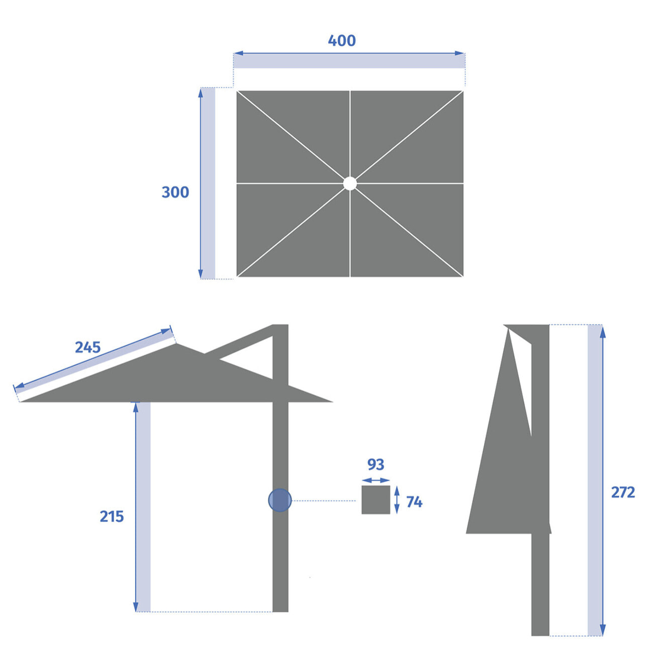 Parasol déporté rectangulaire "Melhia" anthracite avec LED 4 x 3m en aluminium acier et oléfine