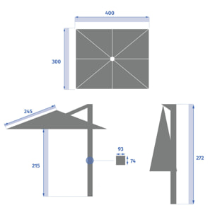 Parasol déporté rectangulaire "Melhia" anthracite avec LED 4 x 3m en aluminium acier et oléfine