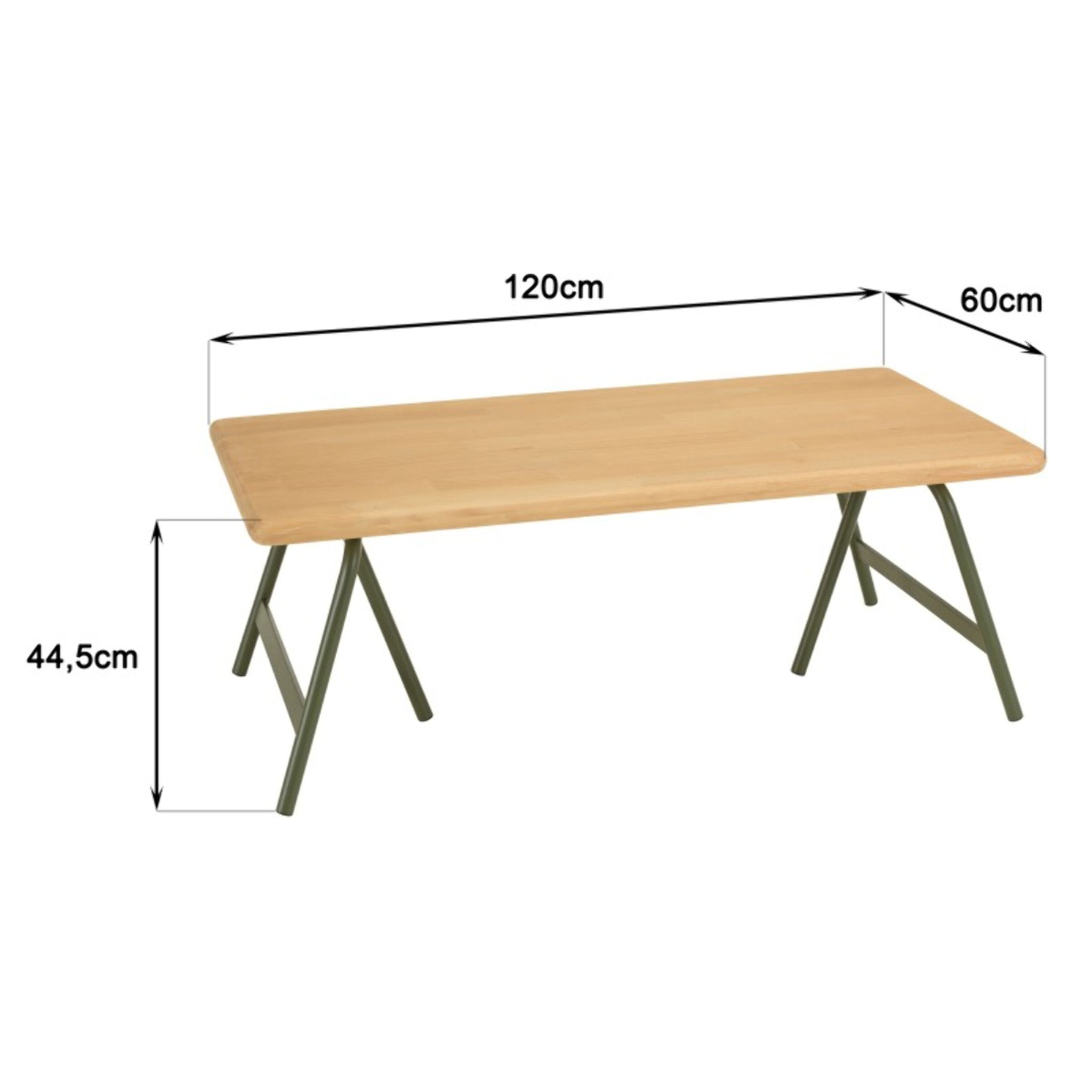 HELENA - Table basse plateau en pin et pieds tréteaux en métal vert