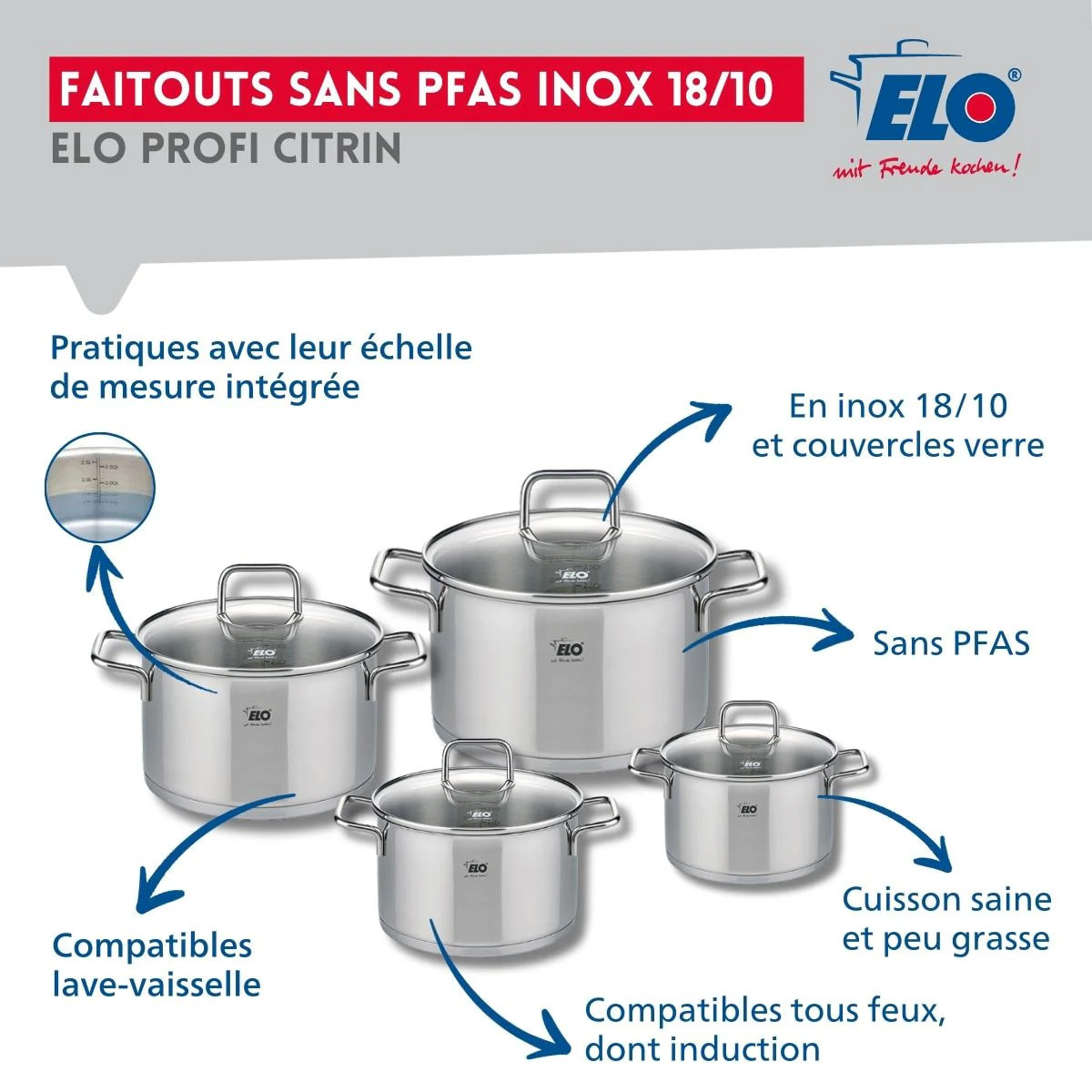 Ensemble de 2 Poêles de cuisson 24 et 32 cm et 4 faitouts 12, 14, 16 et 20 cm Elo Profi Citrin