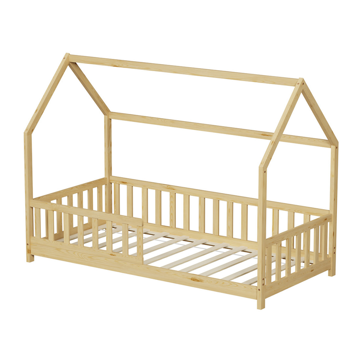 Lit Cabane Tchoupi 90 x 190 cm, Couleur Bois, Bois de Pin Naturel, avec barrières latérales de sécurité