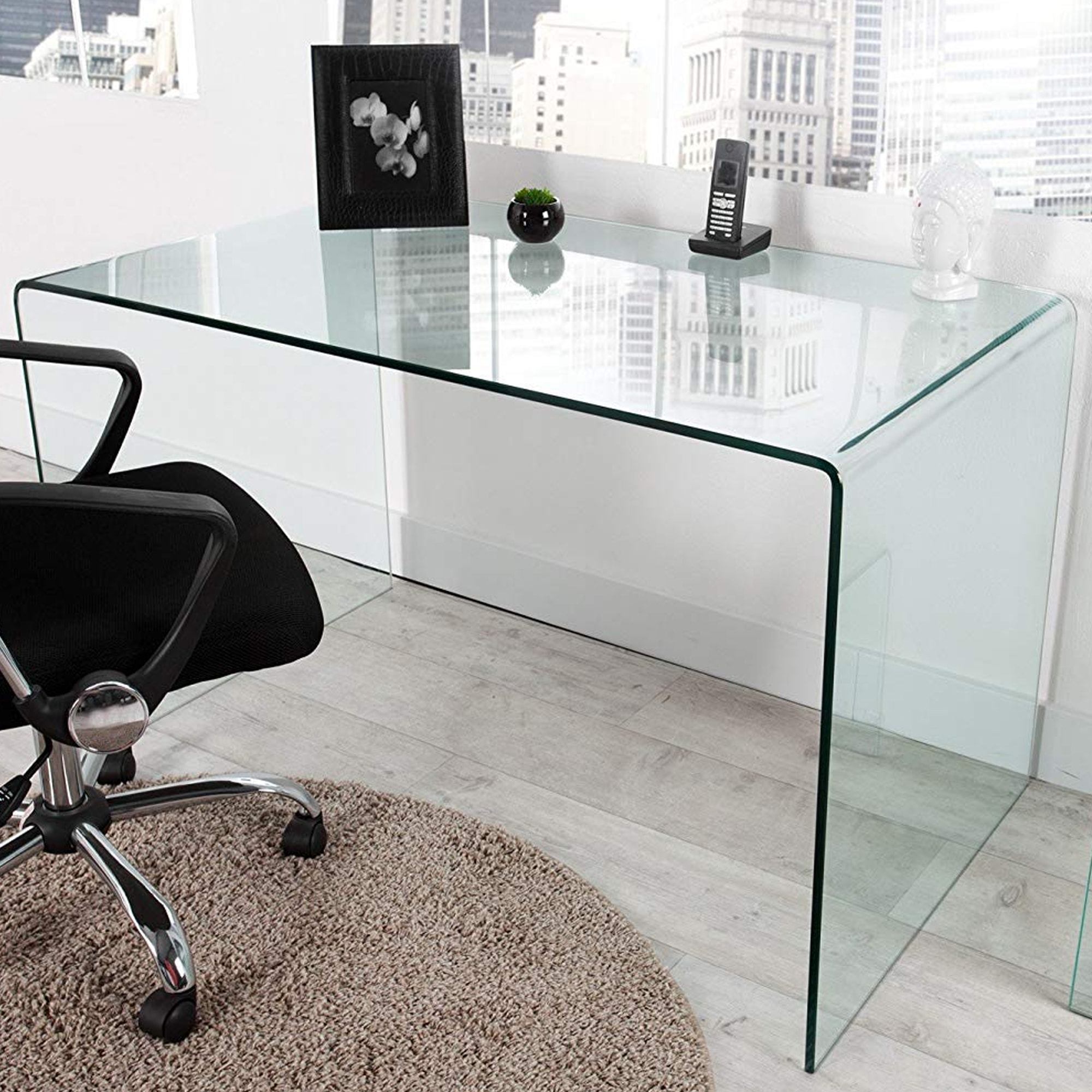 Scrivania Scrittoio da Ufficio Studio Soggiorno in Vetro Curvato Design Curvo Stile Moderno Minimal Chic - Luxury Z-09 - 120 x 74 x 70 cm Trasparente