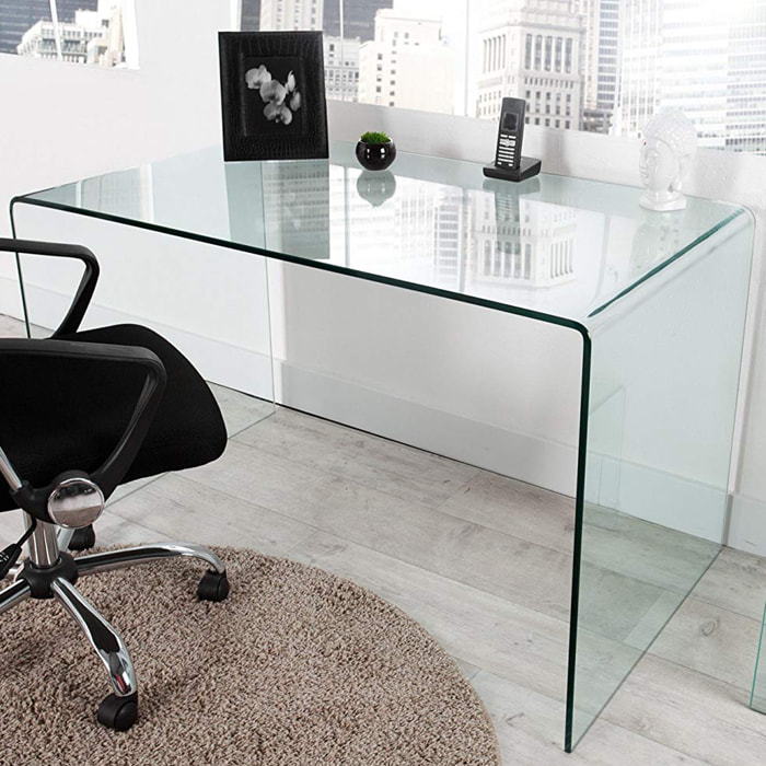 Scrivania Scrittoio da Ufficio Studio Soggiorno in Vetro Curvato Design Curvo Stile Moderno Minimal Chic - Luxury Z-09 - 120 x 74 x 70 cm Trasparente