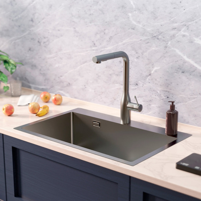 Timeless Évier de cuisine encastrable en inox 304, 68x45x21 cm, 1 bac, Gun Metal brossé PVD