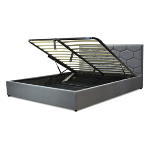 Lit coffre Madrid avec tête de lit | Espace de Stockage jusqu'à 900 L | Robuste et Large Angle d’Ouverture | Tissu | Gris clair