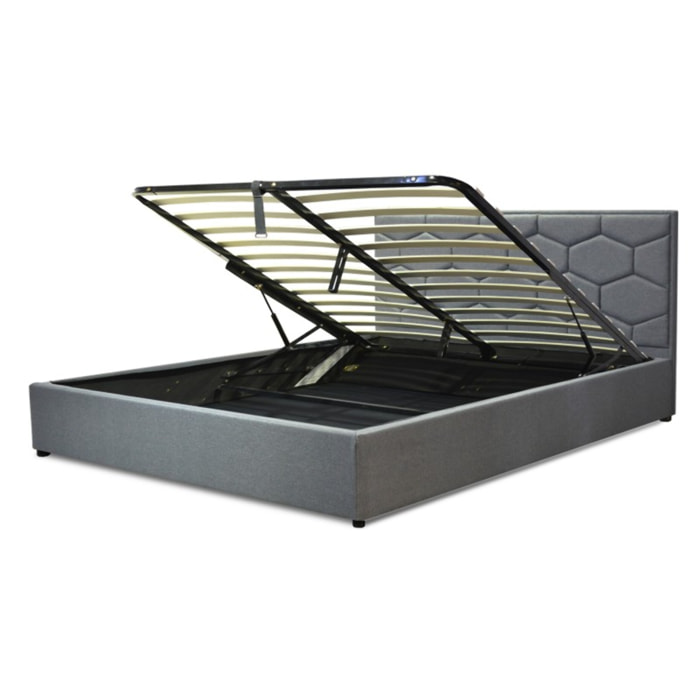 Lit coffre Madrid avec tête de lit | Espace de Stockage jusqu'à 900 L | Robuste et Large Angle d’Ouverture | Tissu | Gris clair
