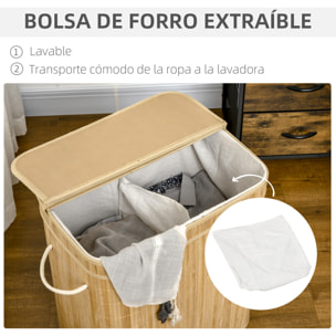 Cesto de Ropa Sucia con Tapa, 90L, Cesta Ropa Sucia de Bambú con 2 Compartimentos, Bolsa Interior Extraíble y Lavable, Asas, para Lavandería, Dormitorio, 54,2x35,2x59,5 cm, Natural