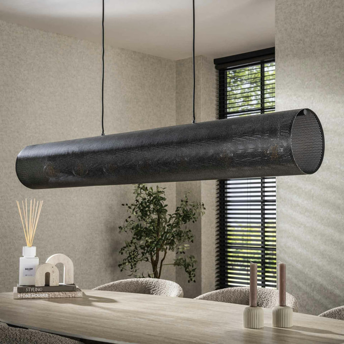Suspension tube en métal noir perforé 7 lampes RALF
