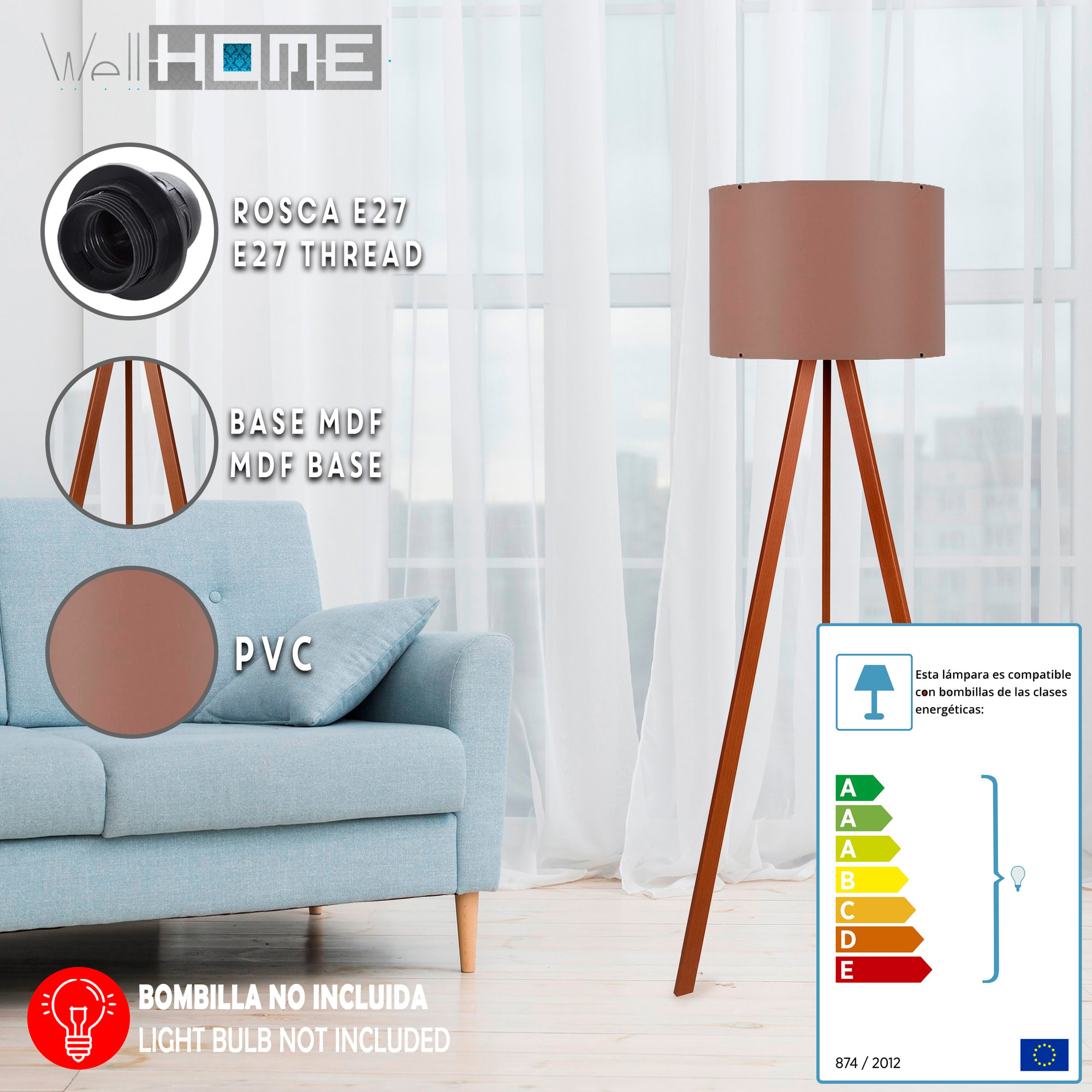 Lámpara de pie 38 x 140 cm. marrón visón, tipo E 27_x000D_
Max 60 W (Bombilla Incandescente)_x000D_
Max 20 - 25 W (Bombilla de Bajo Consumo)_x000D_
Max 9 - 15 W (Bombilla