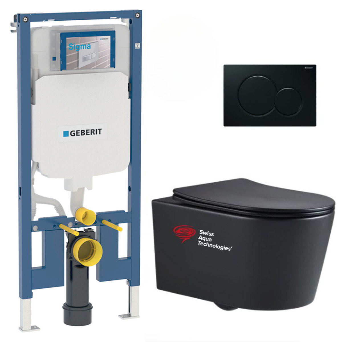 Pack WC Bati-support Geberit slim + WC sans bride Swiss Aqua Technologies + plaque noire mat (SLIMBLSATASP)