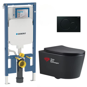 Pack WC Bati-support Geberit slim + WC sans bride Swiss Aqua Technologies + plaque noire mat (SLIMBLSATASP)