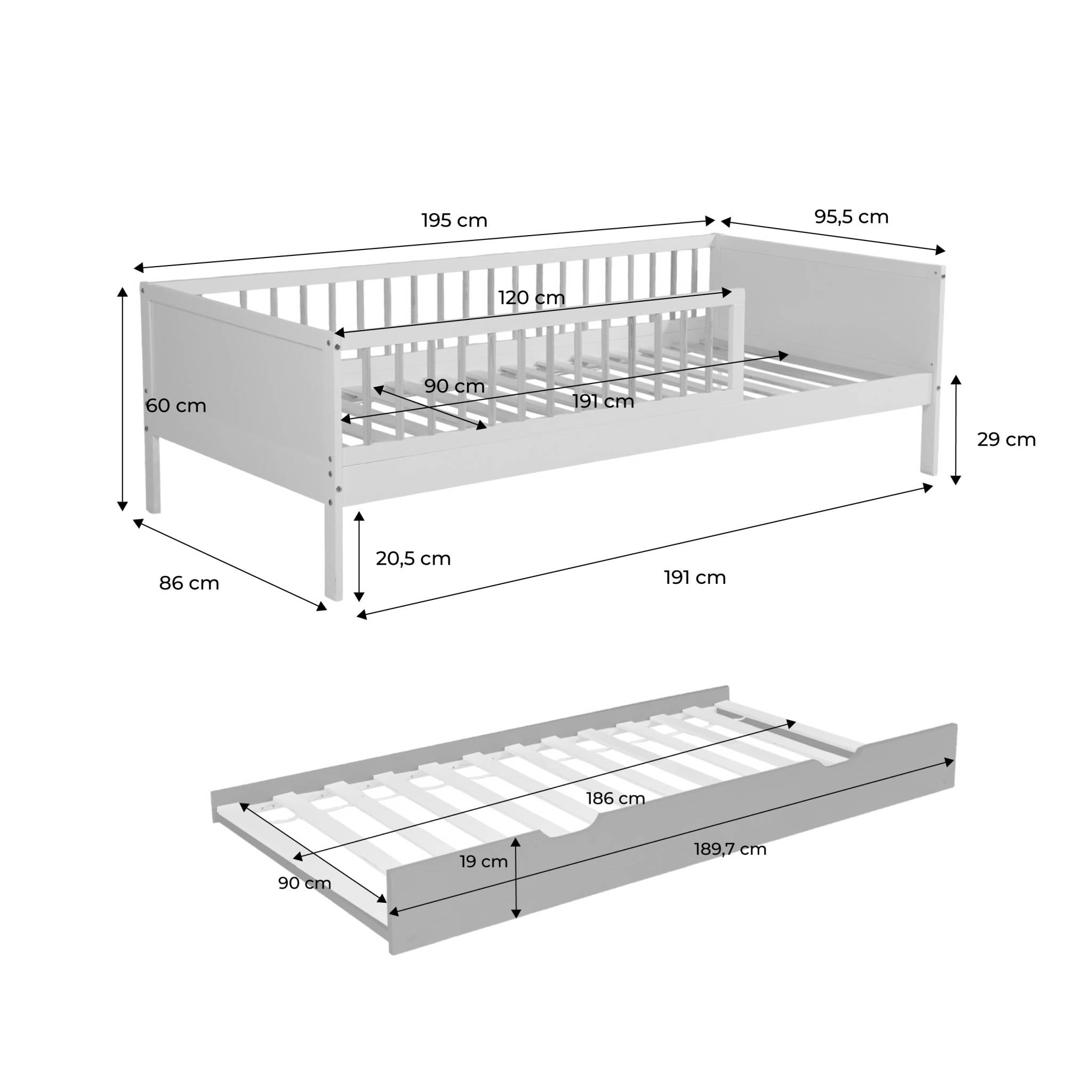 Lit gigogne enfant 90 x 190 cm pin naturel  avec sommier à lattes et tiroir ELIO
