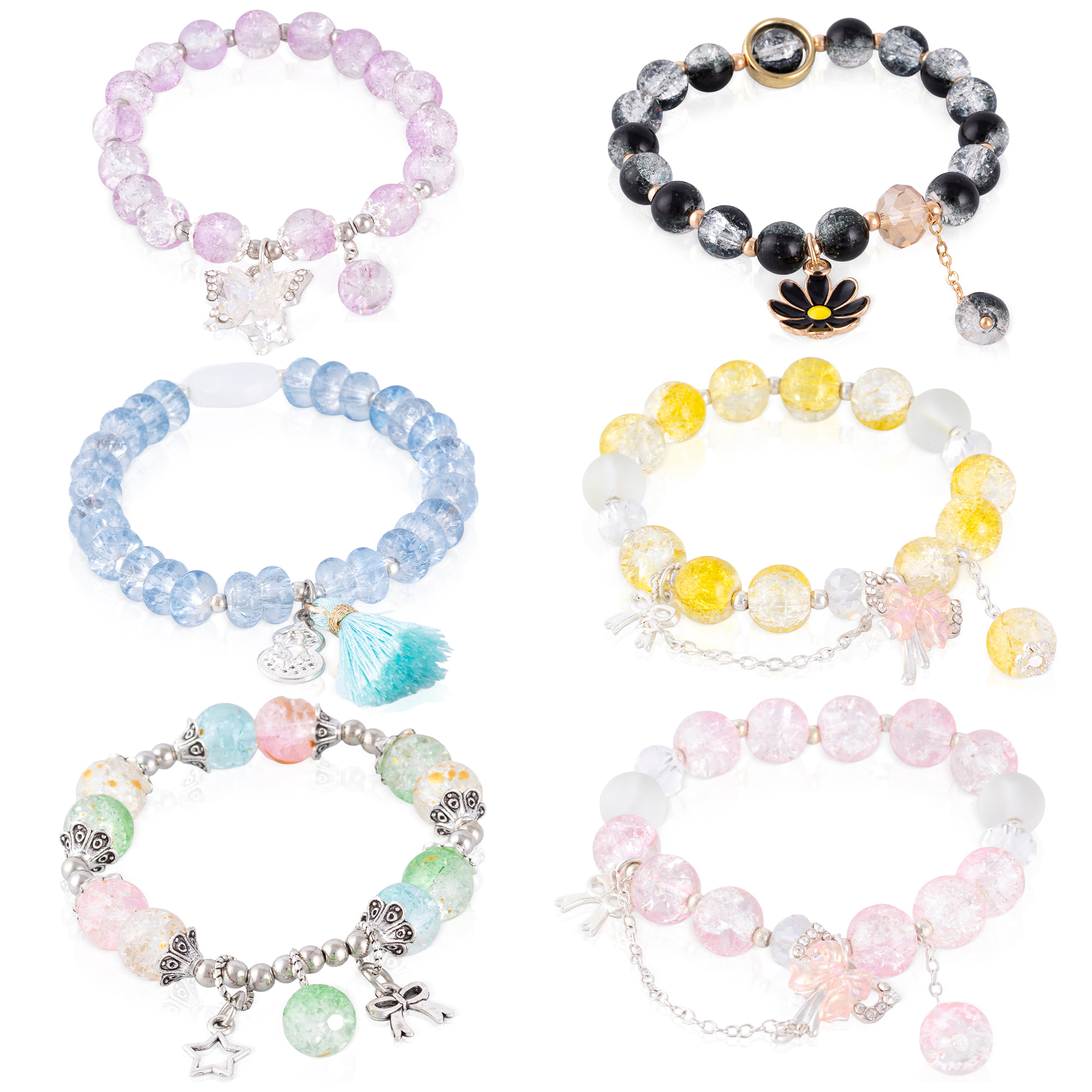 Set de 6 pulseras elásticas con cuentas de cristal y diseños amarillo, rosa, negro, azul, morado y multicolor.