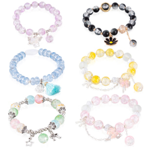 Set de 6 pulseras elásticas con cuentas de cristal y diseños amarillo, rosa, negro, azul, morado y multicolor.
