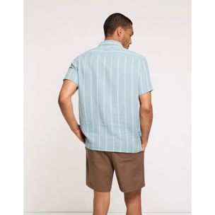 Camisa Manga Corta con Lino Azul Claro Rayas - Selvaire