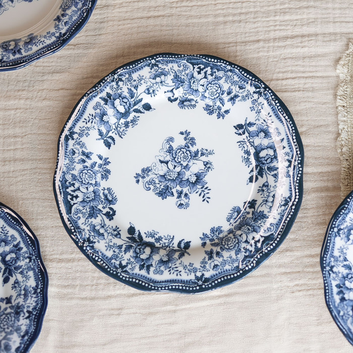 Lot de 6 assiettes plates fleuries en porcelaine bleu 26cm FAUSTINE