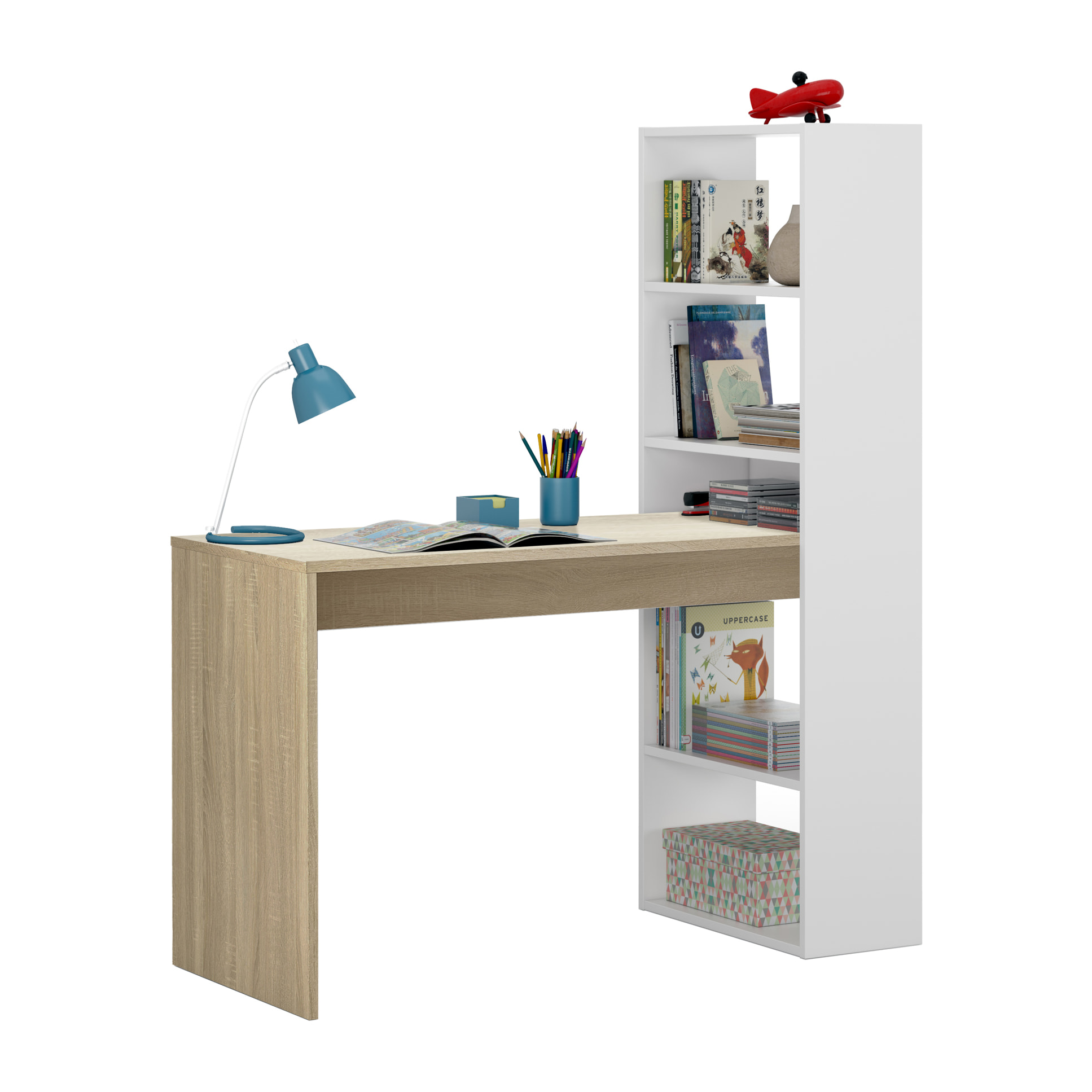 Scrivania Con Libreria Reversibile Kirkensen Scrittoio Scaffali Laterali Mobile Desk da Ufficio Soggiorno Sala Da Pranzo 120x144x53 Cm Bianco e Rovere