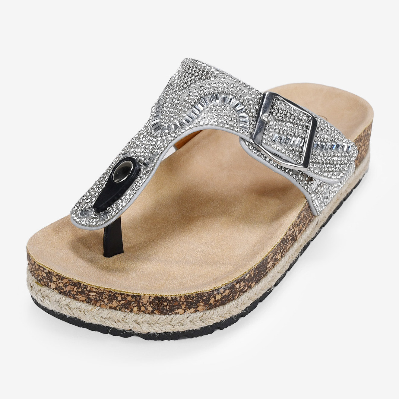 Sandalias de dedo plateadas con esparto