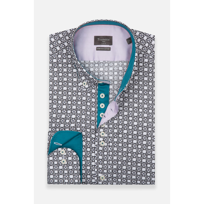 Camicia Uomo 1 Bottoni Button Down Slim Popeline Stretch Stampato Bianco/Nero