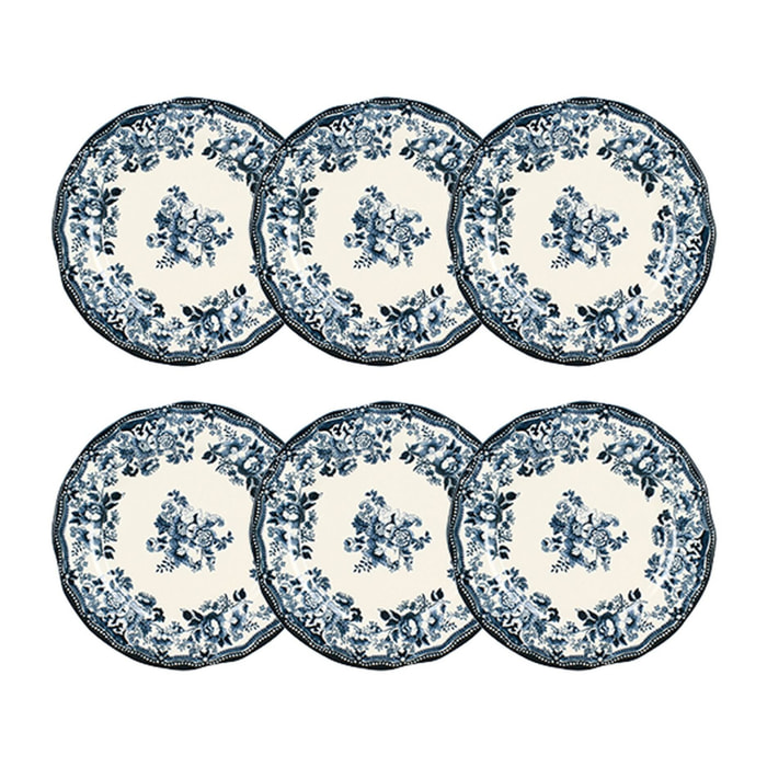 Lot de 6 assiettes plates fleuries en grès bleu 26cm FAUSTINE