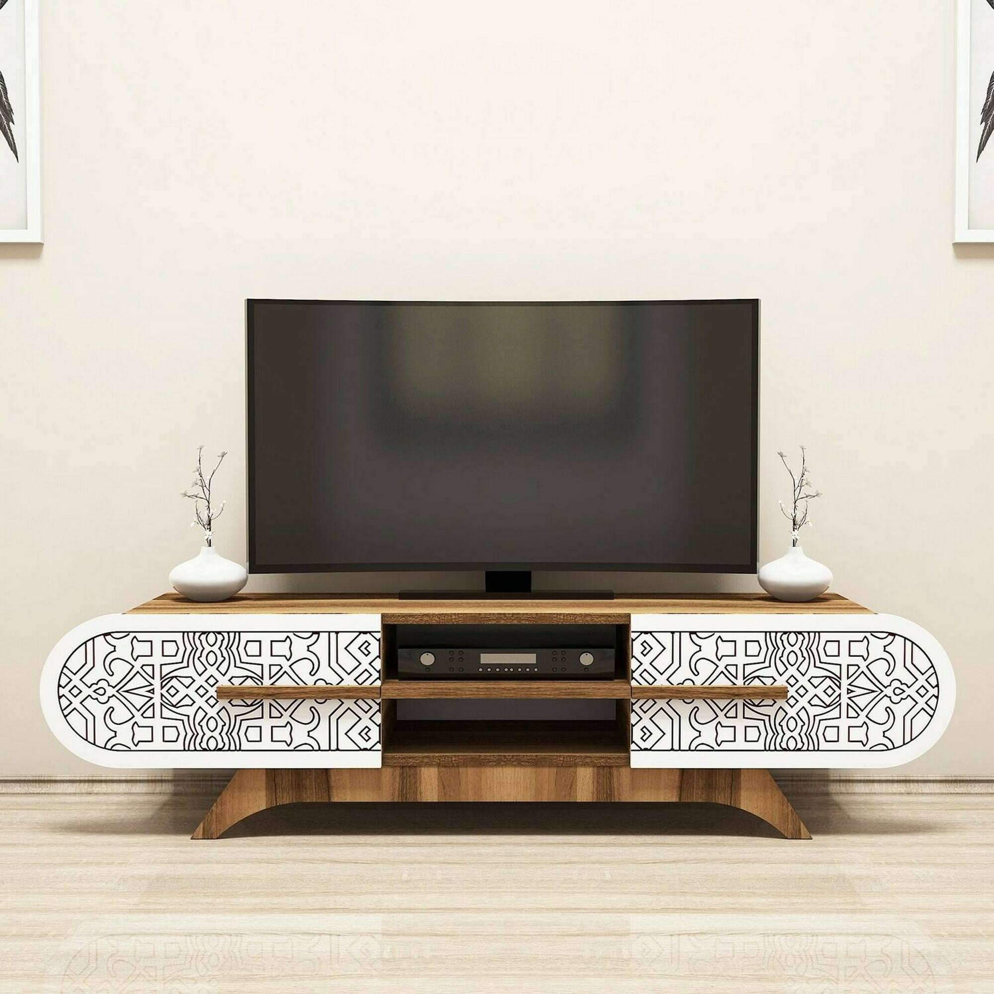 Mobile porta TV Matsu, Credenza da soggiorno, Armadio basso per TV, Base parete attrezzata, 145x37h37 cm, Noce e Bianco