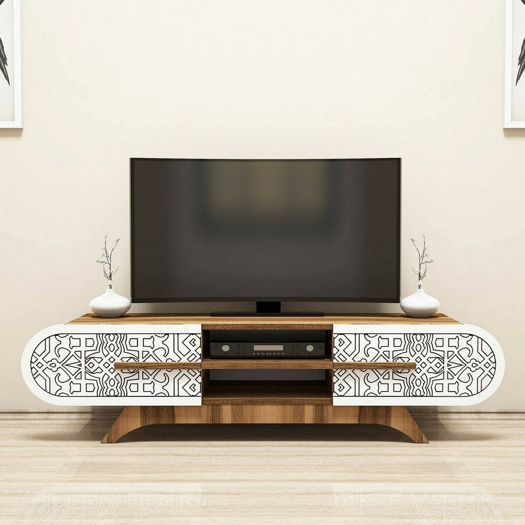 Mobile porta TV Desposit, Credenza da soggiorno, Armadio basso per TV, Base parete attrezzata, 145x37h37 cm, Noce e Bianco