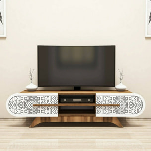 Mobile porta TV Matsu, Credenza da soggiorno, Armadio basso per TV, Base parete attrezzata, 145x37h37 cm, Noce e Bianco
