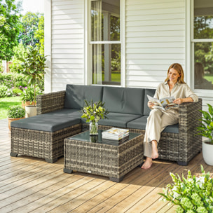 Conjunto de Jardín de Ratán de 5 Piezas, Conjunto Terraza Resistente, Muebles Jardín Exterior Incluye Cojines, 2 Sillones de Esquina, Sillón sin Brazos, Reposapiés y Mesa Centro, Gris Oscuro