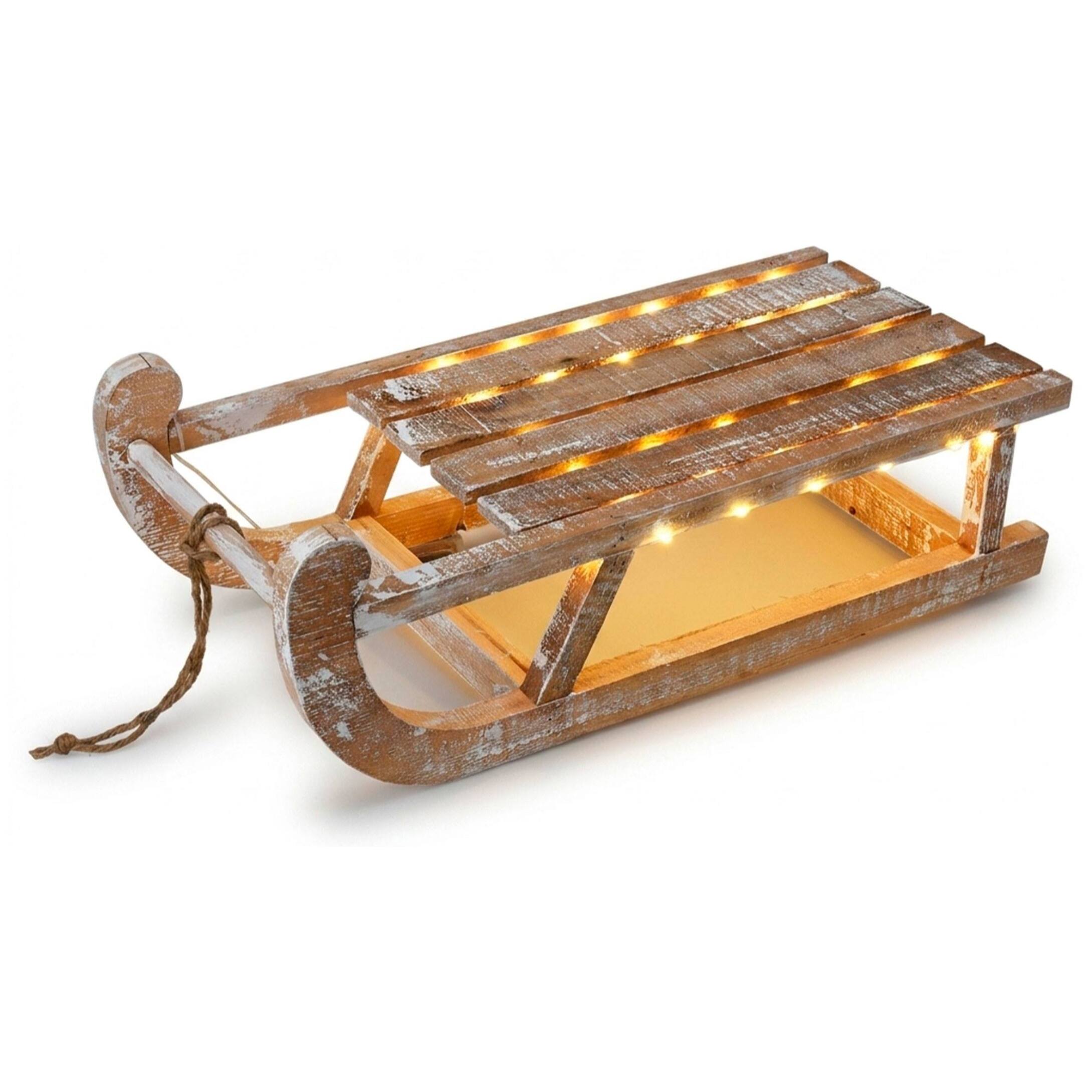 Trineo decorativo de navidad con luces led 50x24x16 cm en madera natural encalada con 50 micro leds blanco cálido