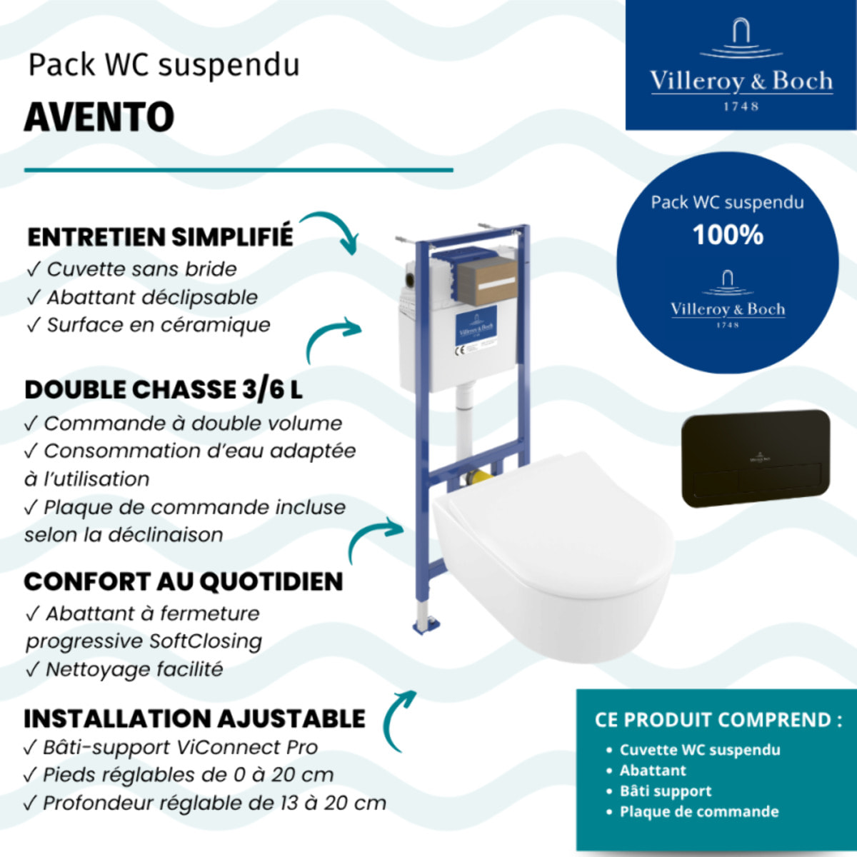 Pack WC suspendu sans bride Avento + abattant + bâti-support sol et mur + plaque noire mate